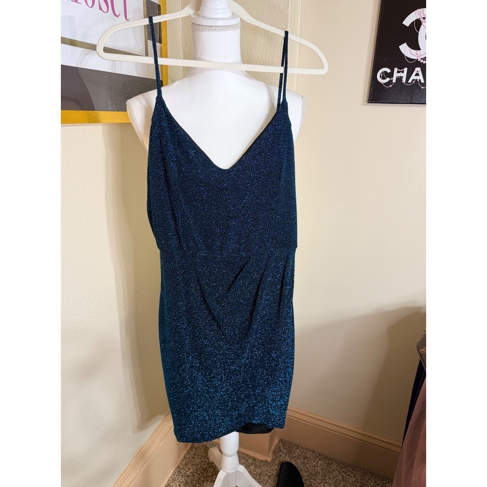 Lulus Metallic Teal Blue Glitter Mini Dress Spaghetti Strap Bodycon XL